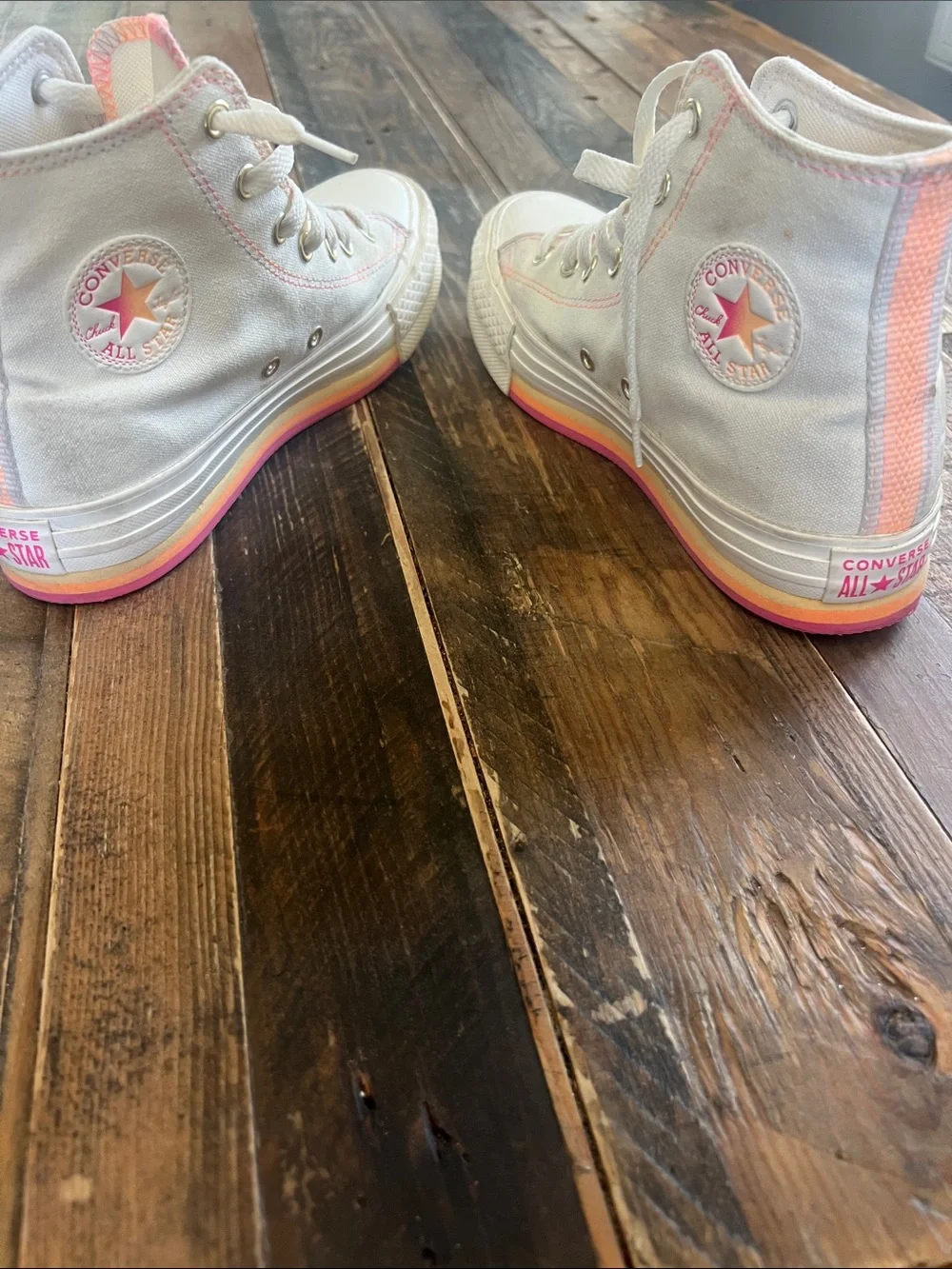 Converse Kids High-Top Sneakers in White with Pink and Orange Accents
